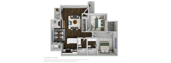 3d furnished floor plan for a 1 bedroom apartment