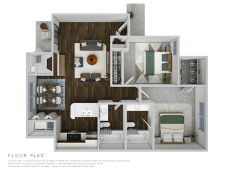 3d furnished floor plan for a 1 bedroom apartment