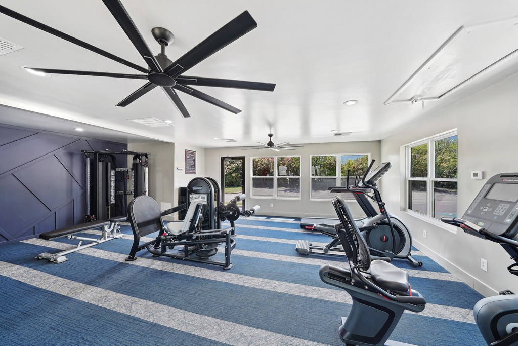 a gym with exercise machines and a ceiling fan