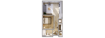 A top-down view of a small apartment with a bedroom, bathroom, and kitchen area.