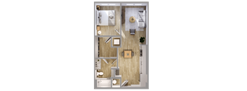 A top-down view of a small apartment with a kitchen, living room, and bathroom.