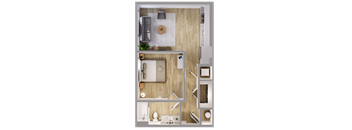 A top-down view of a small apartment with a living room, kitchen, and bathroom.