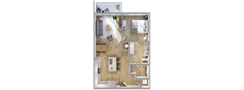 A top-down view of a house layout with a living room, kitchen, and bedrooms.
