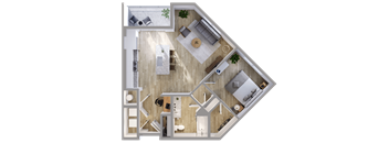 A top-down view of a house interior with a living room, kitchen, and dining area.