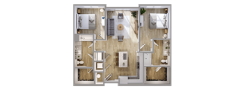 A top-down view of a house interior with a kitchen, living room, and dining area.