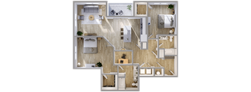 A top-down view of a house layout with a kitchen, living room, and bathrooms.