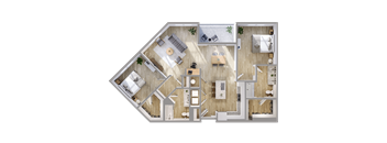 A top-down view of a house layout with a living room, dining area, kitchen, and bedrooms.