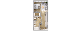 A top-down view of a small apartment layout with a kitchen, living room, and bathroom.