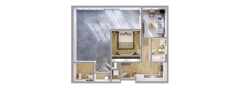 A top-down view of a modern apartment layout with a central living area, bedrooms, and bathrooms.