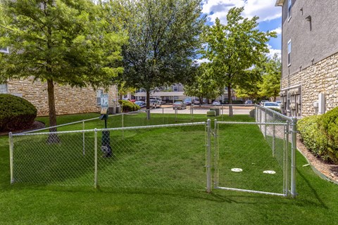 A green lawn with a fence and trees in front of a building.