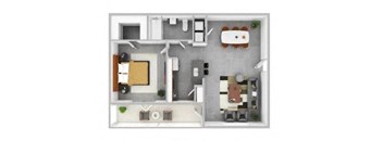 A 3D floor plan of a small apartment with a kitchen, living room, and bathroom.