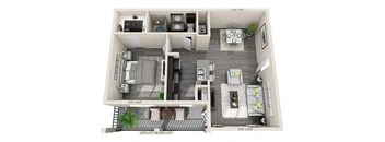 A 3D floor plan of a small apartment with a kitchen, living room, and bedroom.