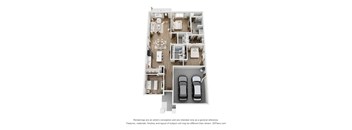 A 3D floor plan of a house with two bedrooms, a living room, a kitchen, a bathroom, and two parking spaces.