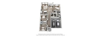 A 3D floor plan of a house with two bedrooms, a living room, a kitchen, a dining room, and two parking spaces.
