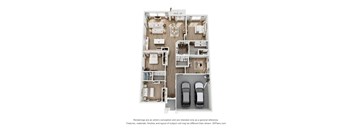 A 3D floor plan of a house with two bedrooms, a living room, a kitchen, and two parking spaces.