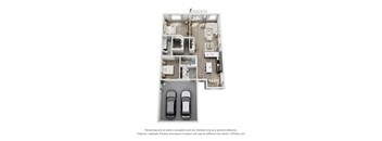 A 3D floor plan of a house with two cars parked in the garage.