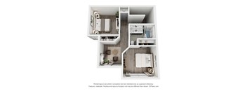 A 3D floor plan of a small apartment with a kitchen, living room, and bathroom.