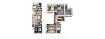 A diagram showing the layout of an apartment with two bedrooms, two bathrooms, a living room, a kitchen, and a garage.