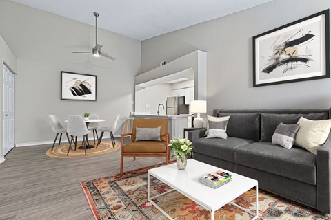 A living room with a grey couch, a white coffee table, and a rug with a pattern.