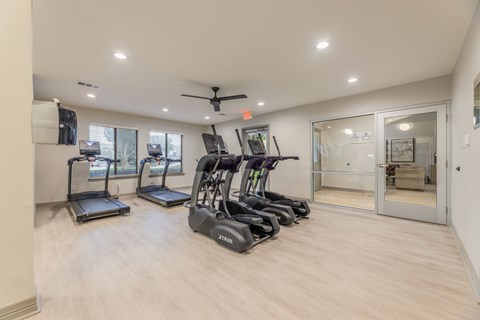 Cardio room with treadmills, ellipticals, wall-mounted television, and glass doors to the clubhouse.