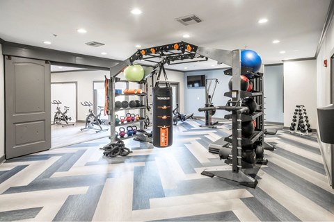 A gym with a variety of equipment including a squat rack, a medicine ball, and a rowing machine.