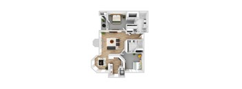 A top-down view of a modern apartment layout with a living room, kitchen, and bedrooms.