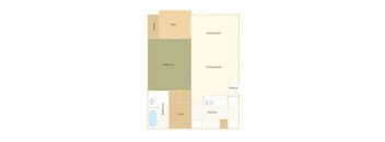 a plan of a living room and dining room with beige boxes
