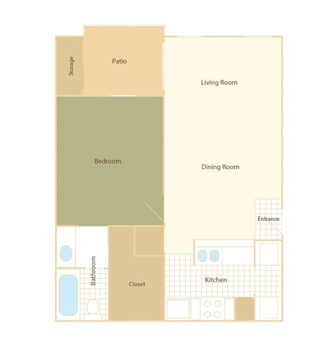 a plan of a living room and dining room with beige boxes