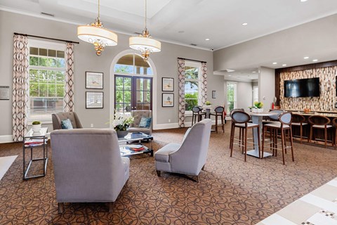 A living room with a grey sofa and a patterned carpet.