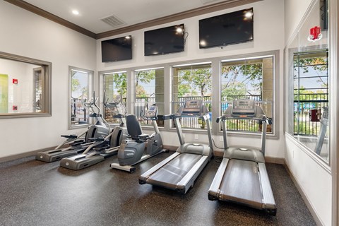 Fitness center with treadmills, bikes, ellipticals, tall windows, and wall-mounted televisions.