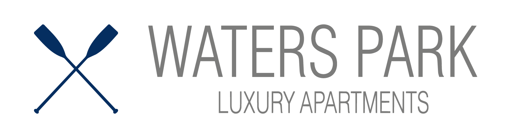 A logo for Waters Park Luxury Apartments featuring two crossed paddles.