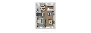 A floor plan of a small apartment with a kitchen, living room, and bathroom.