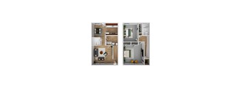 A floor plan of a two-bedroom apartment with a living room, kitchen, and bathroom.