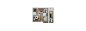 A 3D floor plan of a house with a living room, kitchen, dining room, and bedrooms.