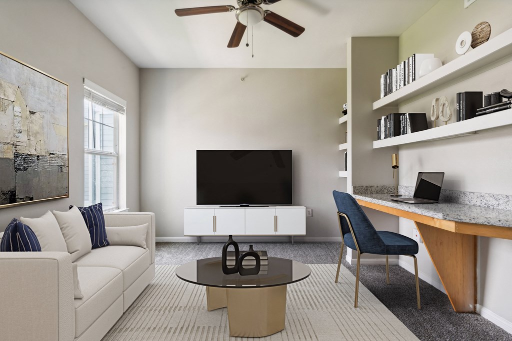 a living room with a couch and a coffee table