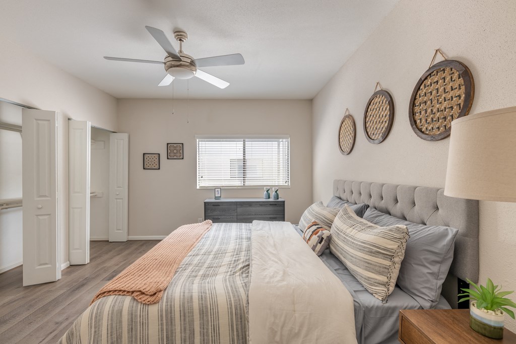 Modern bedroom at Augusta Court Apartments, Houston, Texas