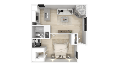a 3d floor plan of a bedroom with a living room