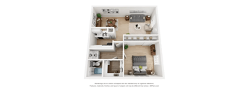 A 3D floor plan of a small apartment with a kitchen, living room, 1 bedroom and 1 bath.
