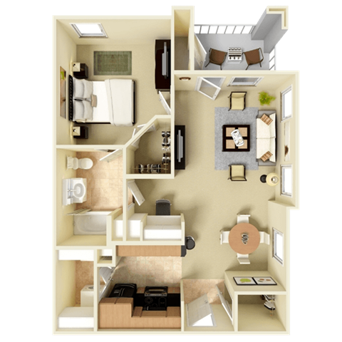 a rendering of a 3d floor plan of a studio apartment