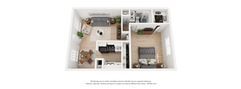 A 3D floor plan of a small apartment with a living room, kitchen, and bedroom.