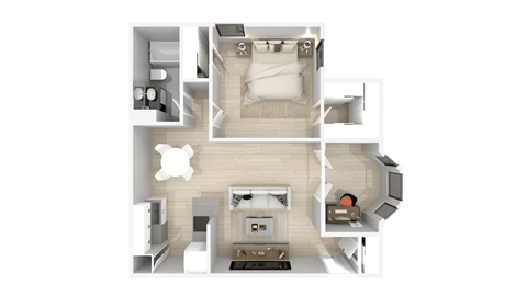 A top-down view of a modern apartment with a living room, kitchen, and bedroom.