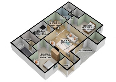 the floor plan 1 bedroom with 2 baths