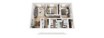 A 3D floor plan of a small apartment with a kitchen, living room, and two bedrooms.