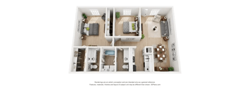 A 3D floor plan of a small apartment with a kitchen, living room, bedroom, and bathroom.