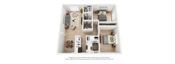 A 3D floor plan of a small apartment with a kitchen, living room, and bedrooms.