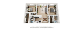 A 3D floor plan of a house with a kitchen, living room, and two bedrooms.