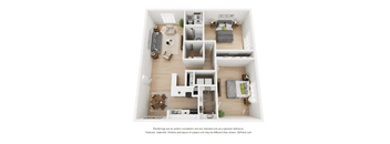 A 3D floor plan of a house with a kitchen, living room, and bedrooms.