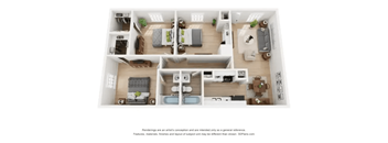 A 3D floor plan of a house with a kitchen, living room, and bedrooms.