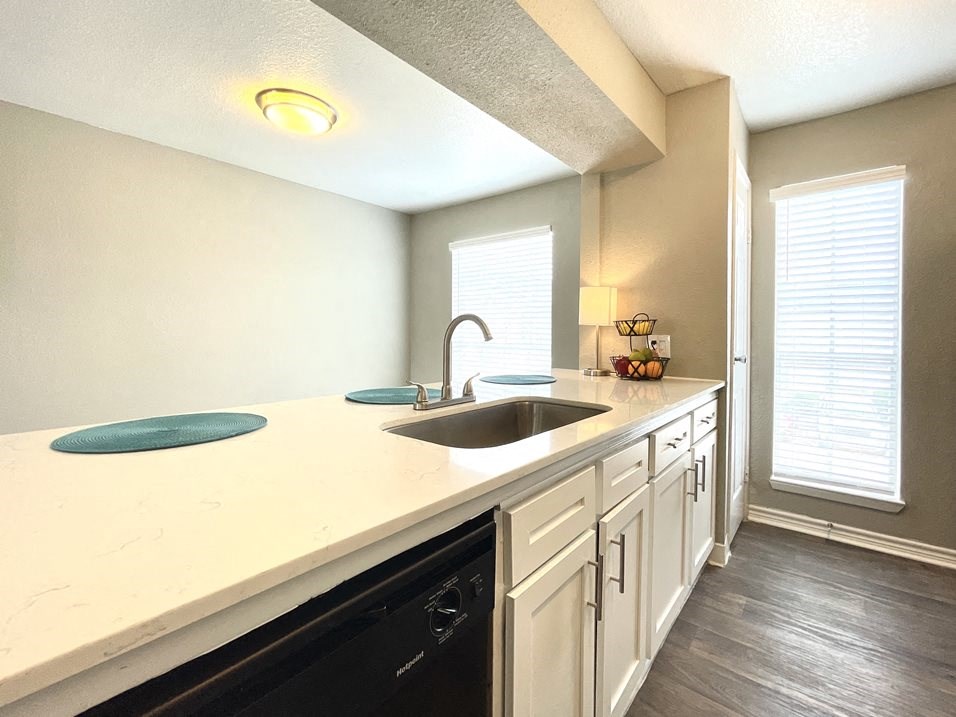 a kitchen with a sink and a dishwasher  at The Alara, Houston, 77060