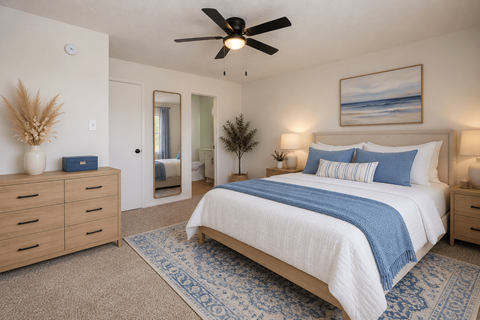 A bedroom with a bed, dresser, and ceiling fan.